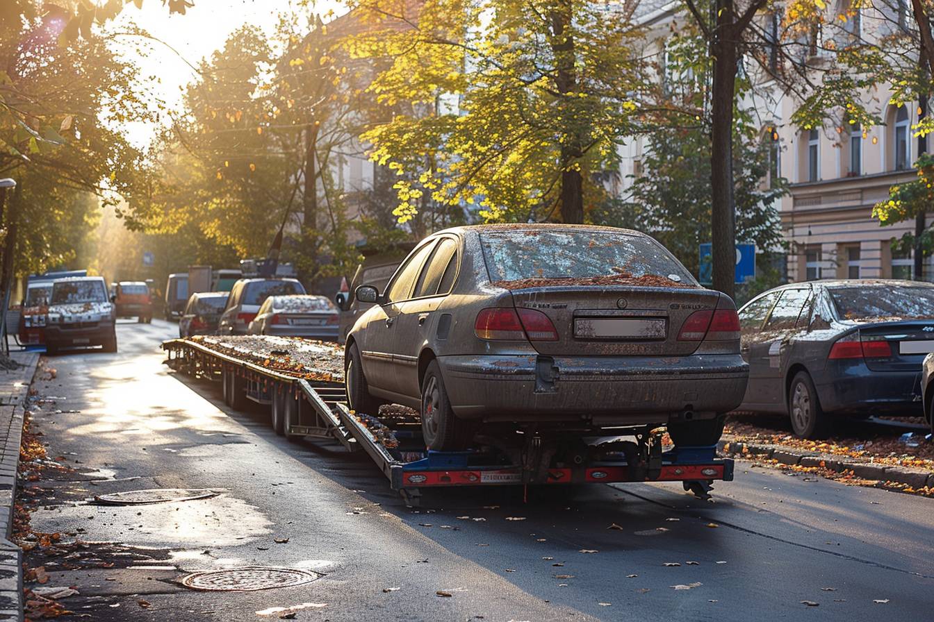 épave de voiture abandonnée sur une route déserte  
véhicule hors d'usage entouré de végétation dense