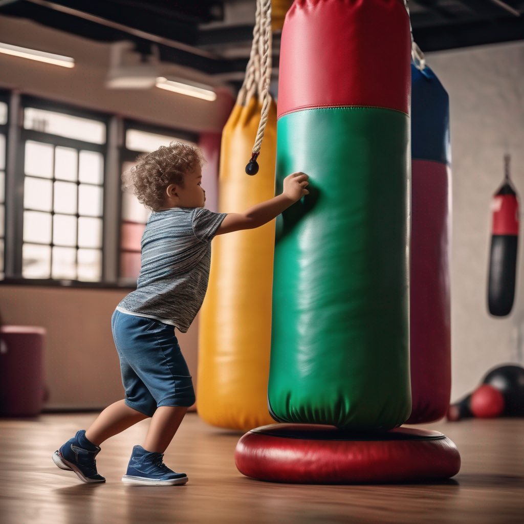 Enfant frappant un sac de frappe coloré