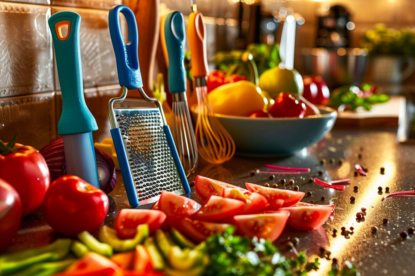 Ustensiles de cuisine disposés autour de légumes frais