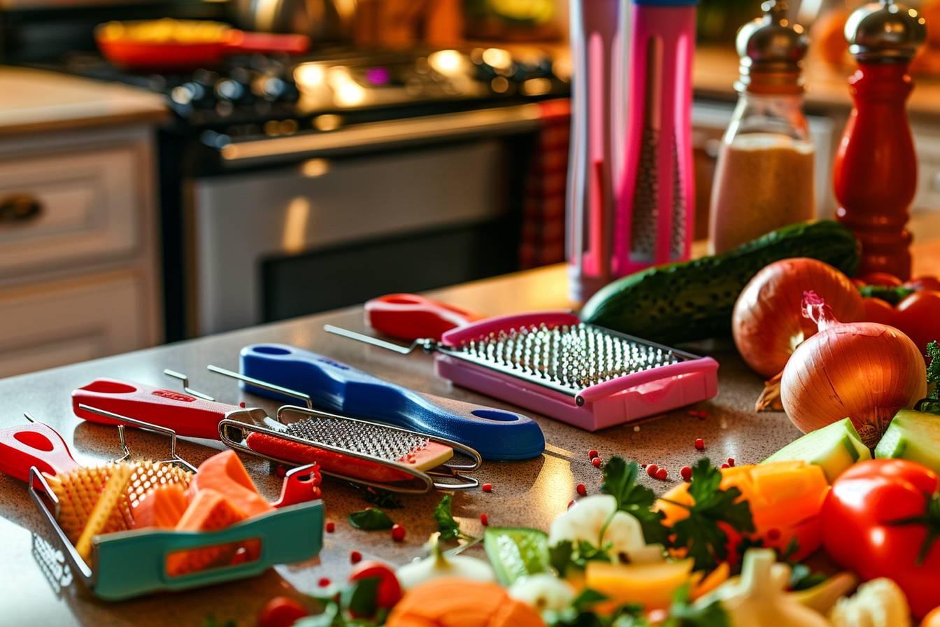 Ustensiles de cuisine disposés autour de légumes frais  
Couteaux et planche entourés de légumes colorés