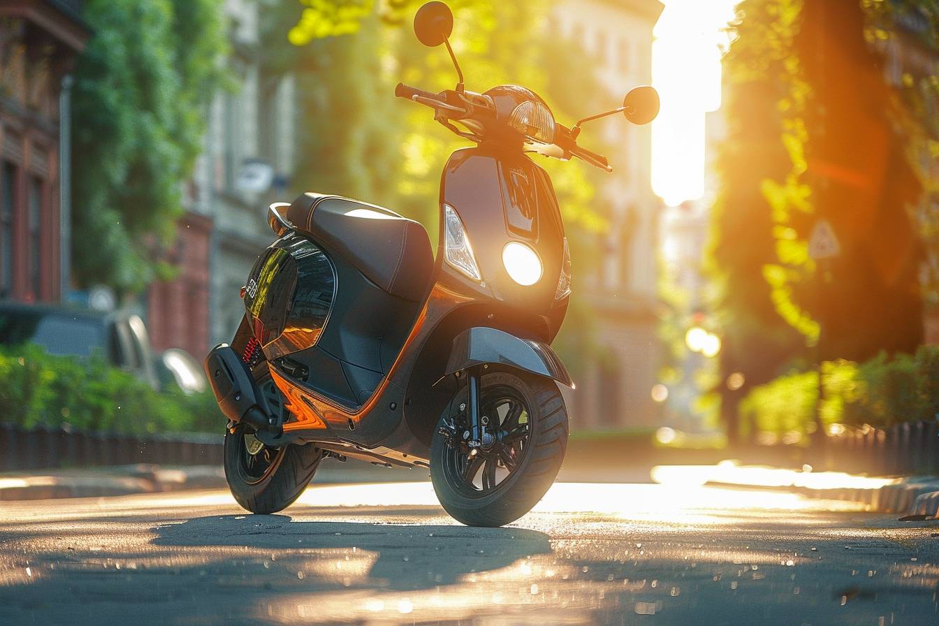 scooter 50 cm3 garé sur une route ensoleillée  
conducteur vérifiant son scooter avant de partir